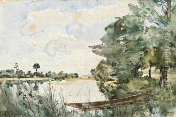 A Punt Resting On A Riverbank Oil Painting - Henri-Joseph Harpignies