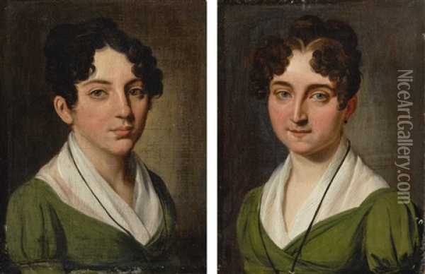 Portraits Of Two Young Woman, Bust Length, Dressed In Green Oil Painting - Louis Leopold Boilly