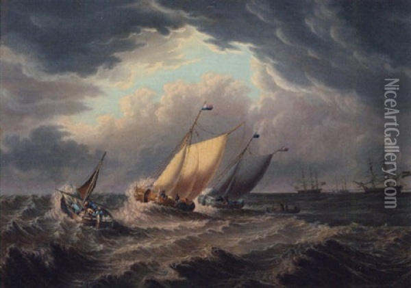Vessels In Stormy Waters Oil Painting - Charles Martin Powell
