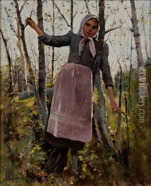 Girl In Birch Forest Oil Painting - Amelie Lundahl