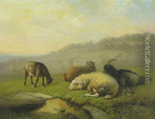 Schafe Und Ziegen Auf Der Weide Bei Einem Steg Oil Painting - Louis Robbe