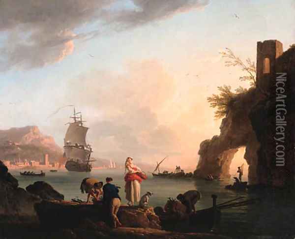 La Peche heureuse A Mediterranean coast at sunset with fisherfolk unloading a catch near a natural arch, a frigate offshore, and a city beyond Oil Painting - Claude-joseph Vernet