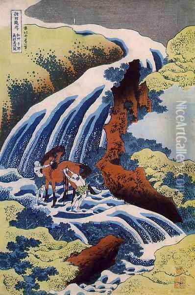 The waterfall where Yoshitsune washed his horse, Yoshino, Yamato Province Oil Painting - Katsushika Hokusai