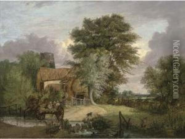 A Wooded Landscape With Figures In A Cart Crossing A Ford Oil Painting - Alfred Stannard
