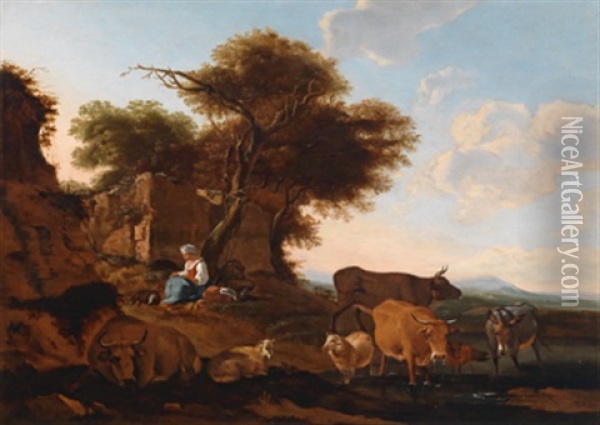 Eine Schaferin Mit Vieh In Einer Weiten Landschaft Oil Painting - Willem Romeyn