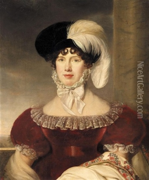 Portrait Of A Lady, Half-length, Wearing A Red Velvet Dress And A Black Hat With A White Plume Oil Painting - Henri Francois Riesener