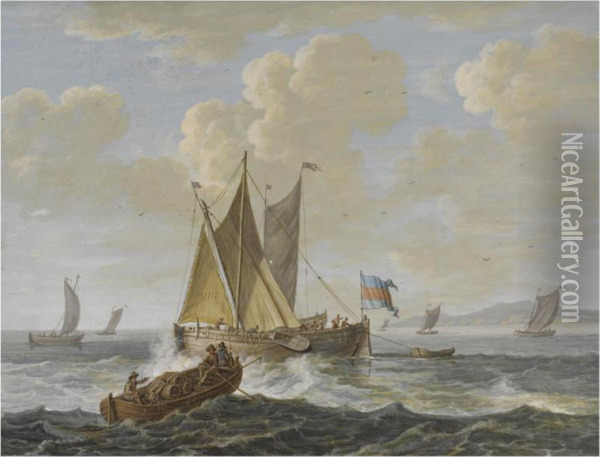 A Marine Scene, A Skiff Carrying Barrels To A Boeier Yacht, Other Boats Beyond Oil Painting - Hendrik Ii Kobell