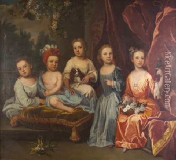 A Portrait Group Of The Smith Children On A Terrace With A Spaniel, Basket Of Flowers And A Parakeet Oil Painting - James Maubert