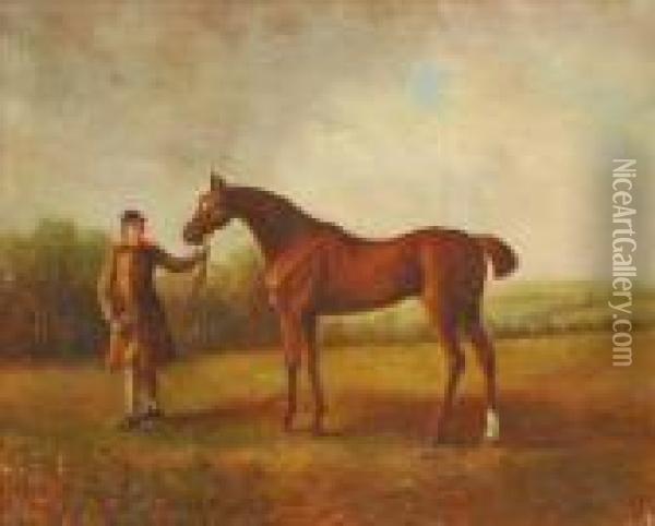 Horse And Groom Ina Landscape Oil Painting - J. Francis Sartorius