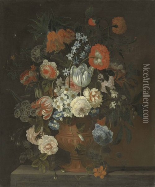 Flowers In A Terracotta Urn On A Ledge Oil Painting - Simon Hardime