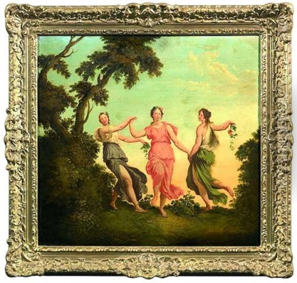 Drei Tanzende Nymphen Mit Blumengirlanden In Einer Waldlandschaft (+ Drei Reigen Tanzende Nymphen; Pair) Oil Painting - Christian Wilhelm Ernst Dietrich
