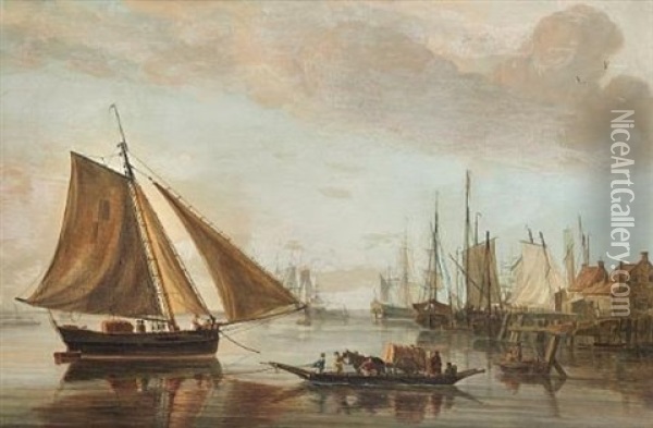 A Horse And Waggon Taking The Ferry Oil Painting - William Anderson
