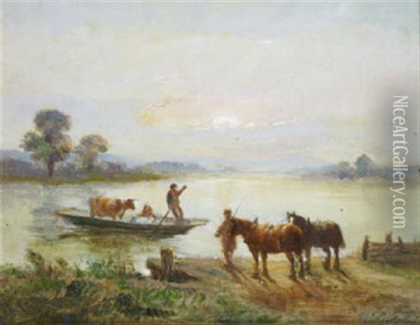 Evening By The River (+ Waiting For The Ferry; Pair) Oil Painting - Henry (Sr.) Earp