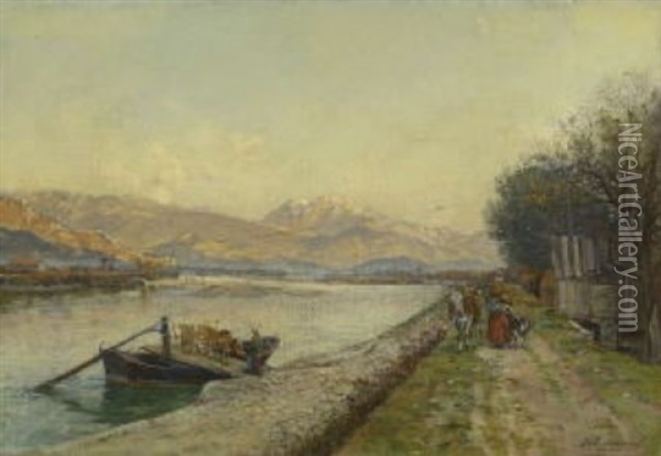 Flusslandschaft Mit Einer Fahra An Der Anlegestelle Oil Painting - Louis Marie Adrien Jourdeuil