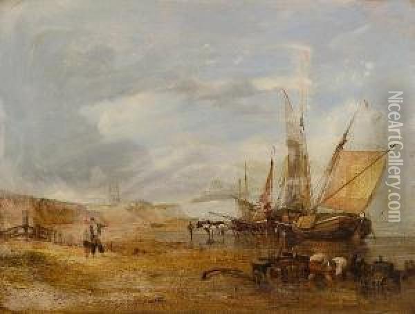 Fishing Vessel And Figures On The Shore, With A View Of Cromer Beyond Oil Painting - Miles Edmund Cotman