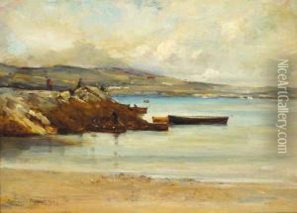 Coastal Scene With Boats And Onlookers Oil Painting - Robert Edward Morrison
