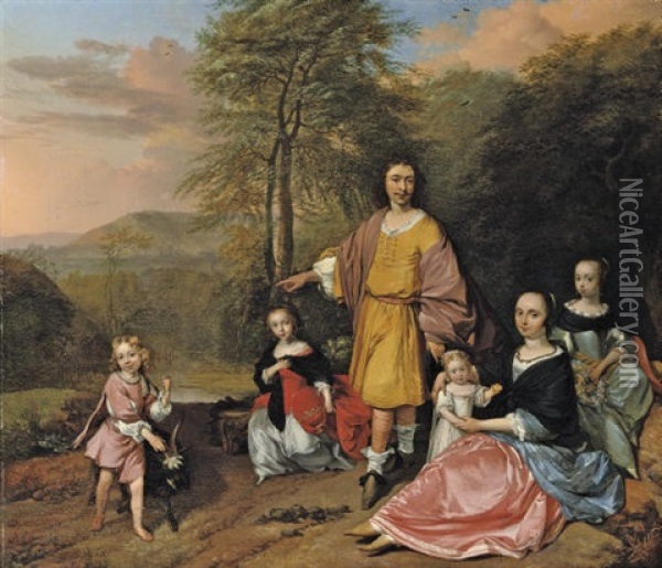A Family Group Portrait, Standing In A Landscape Oil Painting - Barend Graat
