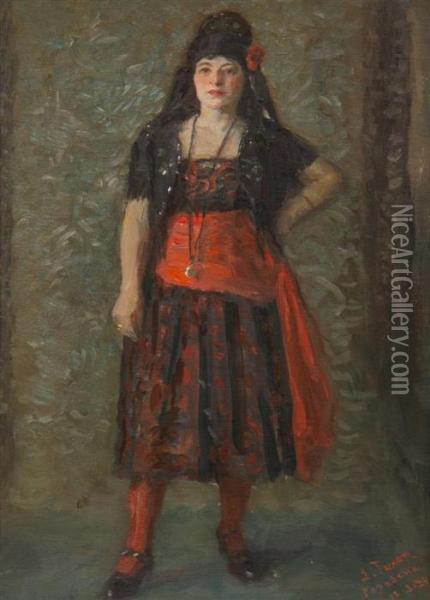 Lady In Red Oil Painting - Laurits Regner Tuxen