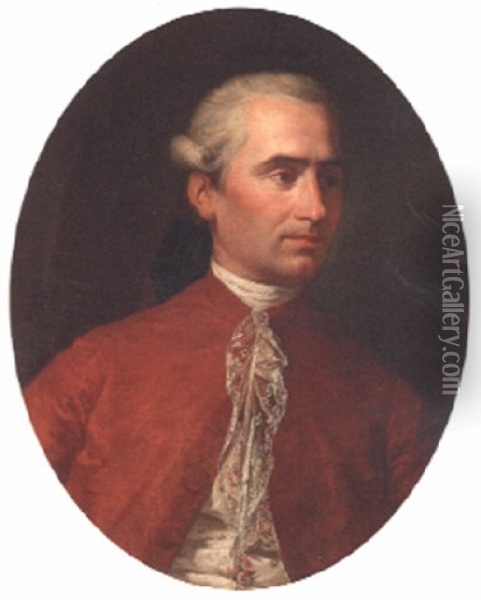 Portrait Of A Gentleman, Bust-length, In A Red Coat And Embroidered Waistcoat Oil Painting - Giuseppe Bonito