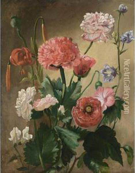 A Still Life With Carnations, Roses, A Peony, Larkspur, A Red Turban Cup Lily, A Poppy And Other Flowers Oil Painting - Pierre Saint-Ange Poterlet