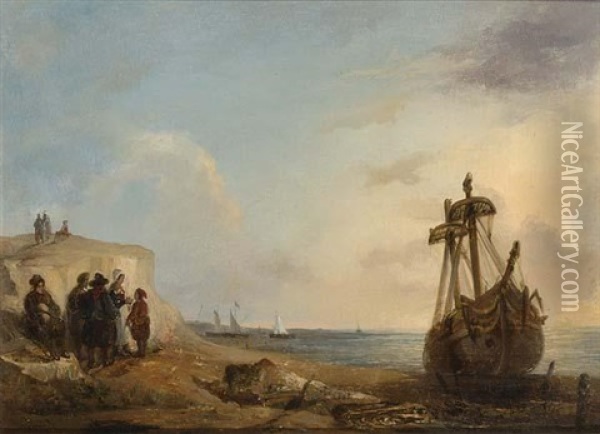 Fisherfolk By A Beached Boat Oil Painting - Wijnand Jan Joseph Nuyen