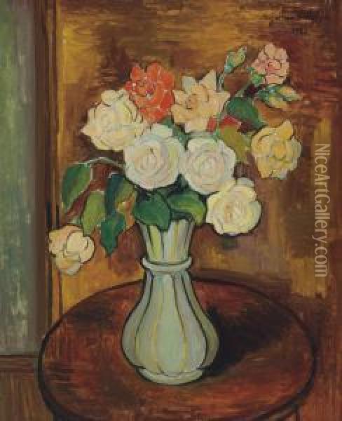Vase De Roses Sur Un Guaridon Oil Painting - Suzanne Valadon