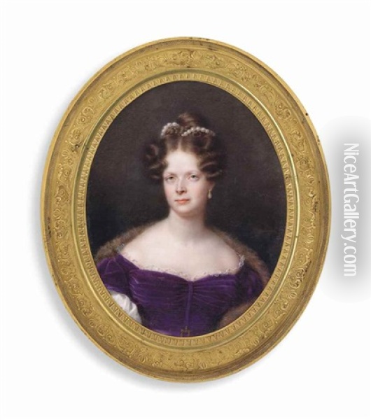 A French Duchess, In Purple Velvet Off-the-shoulders Dress With White Trim And Sleeves, Wearing A Fur Stole Over Her Shoulders, Her Upswept Hair Dressed In Plaits And Ringlets Adorned With Pearls, Wearing Drop-pearl Earring Oil Painting - Jean Baptiste Joseph Duchesne