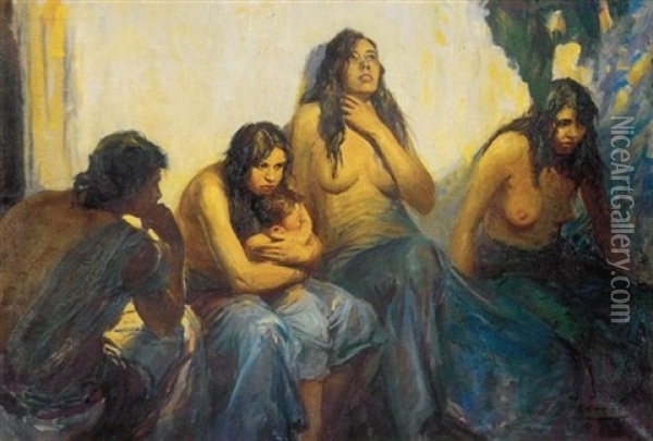 Frightened Women Waiting (illus. For Saturday Evening Post) Oil Painting - William Henry Dethlef Koerner