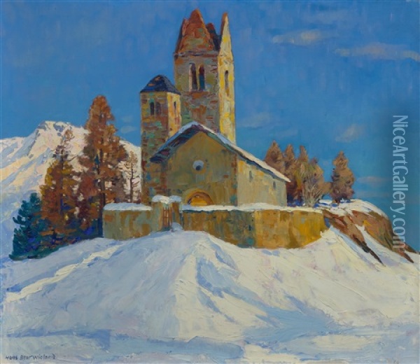 San Gian Church Near St. Moritz With Piz Padella In The Background Oil Painting - Hans Beat Wieland