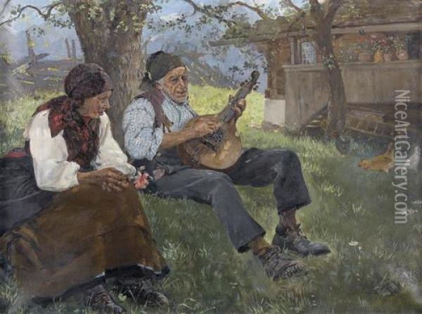 Altes Musizierendes Bauernpaar Unter Einem Baum Oil Painting - Ernst Breitenstein