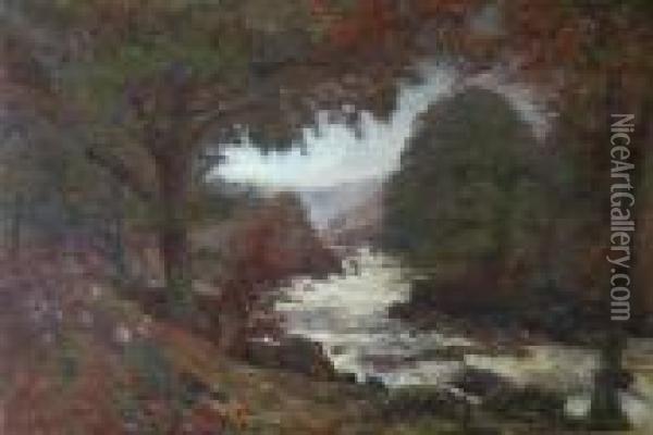 Sheep By River In Spate Oil Painting - Alexander Brownlie Docharty