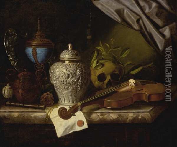 A Vanitas Still Life With A Violin, A Skull Draped With Laurel Branches, A Silver Ginger Jar, A Recorder, A Letter With A Red Seal, A Silver Gilt Hardstone Cup, And A Silver Dish, All On A Marble Ledge Oil Painting - Pieter Gerritsz van Roestraten
