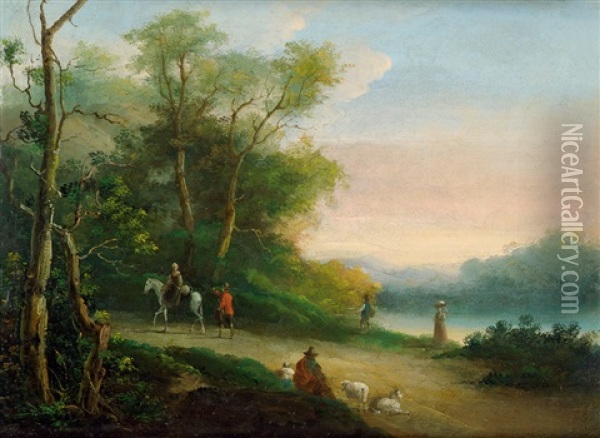 Pastorale Flusslandschaft Mit Hirten, Wanderern Und Reiterin Oil Painting - Giuseppe Bernardino Bison