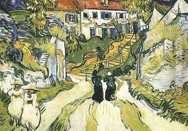 Village Street And Steps In Auvers With Figures Oil Painting - Vincent Van Gogh