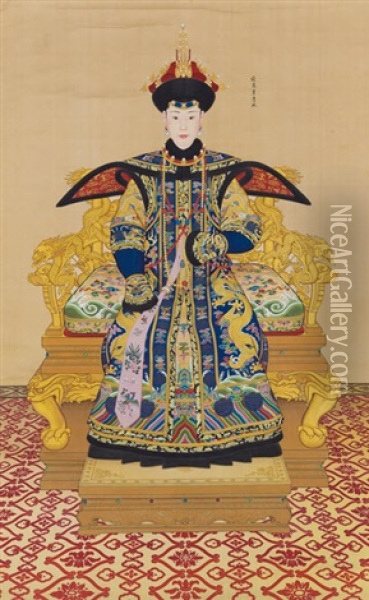 A Large Imperial Portrait Of Consort Chunhui By Giuseppe Castiglione And Others, Title Calligraphy By The Qianlong Emperor Oil Painting -  Lang Shining (Giuseppe Castiglione)