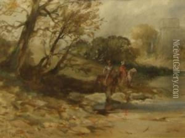Wooded River Landscape With Knights On Horseback Oil Painting - Charles Cattermole