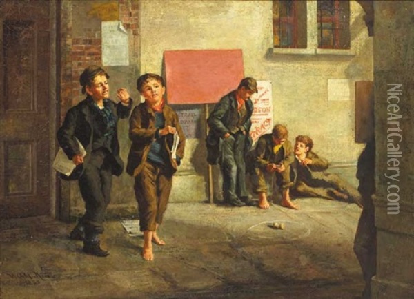 Street Scene With Newspaper Vendors And Boys Playing A Game Of Spinner Oil Painting - William G. Mackenzie