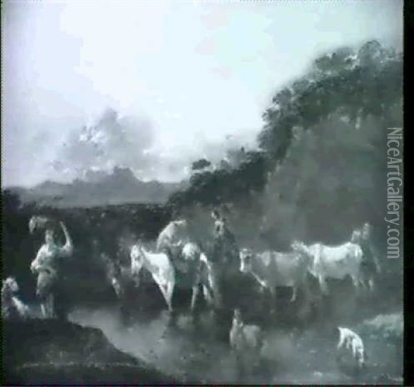 Hirte Und Magde Mit Vieh In Der Furt Oil Painting - Dirk van Bergen