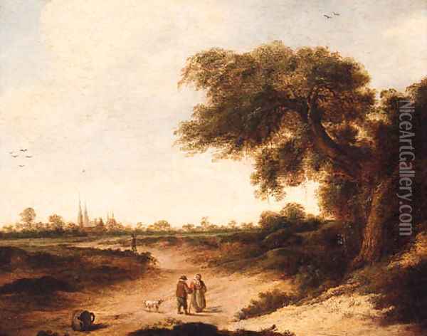 A landscape with a couple on a sandy track, a church beyond Oil Painting - Jan Vermeer Of Haarlem