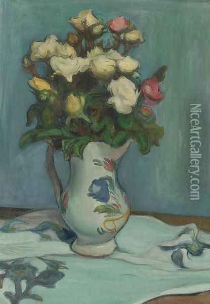 Roses Against a Blue Background Oil Painting - Wladyslaw Slewinski