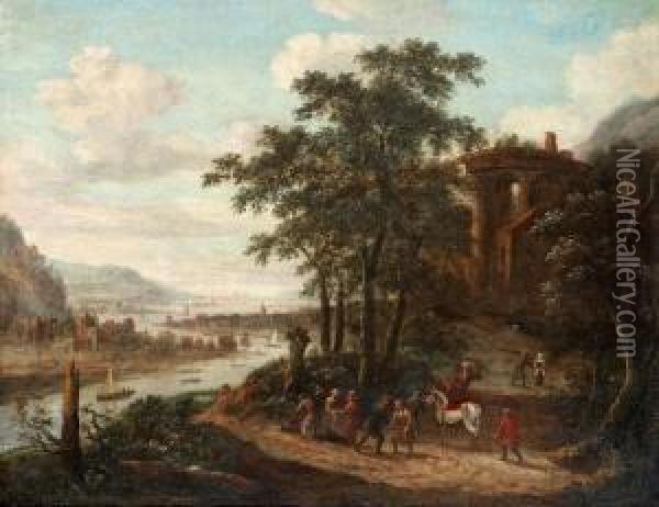 Landscape With River And Figures Oil Painting - Jan Frans I Van Bredael