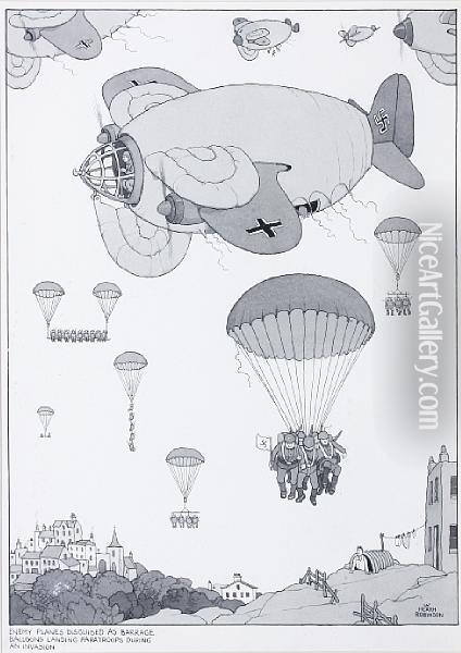Enemy Planes Disguised As Barrage Balloonslanding Paratroops During An Invasion Oil Painting - William Heath Robinson