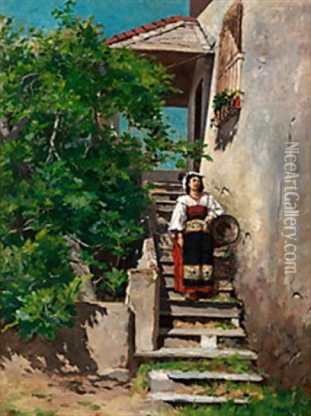 Flicka I Trappa, Genua Oil Painting - Georg Pauli