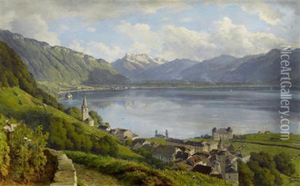 View From Montreux Over Lake Geneva And Dents Du Midi Oil Painting - Alfred Chavannes