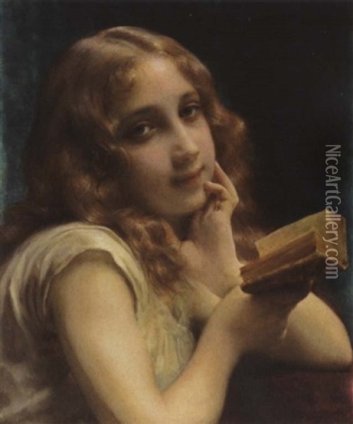 A Little Girl Reading Oil Painting - Etienne Adolph Piot