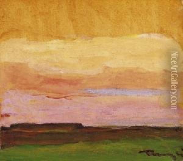 Landscape In The Great Plain By Sunset Oil Painting - Janos Tornyai
