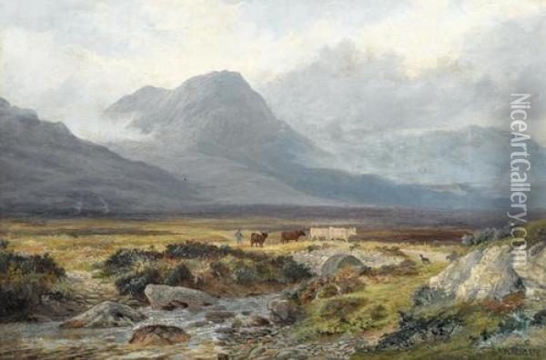 Hugelige Landschaft Mit Hirten Und Rindern. Oil Painting - Henry William Henley
