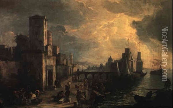 Military Port With A Castle Beyond Oil Painting - Luca Carlevarijs