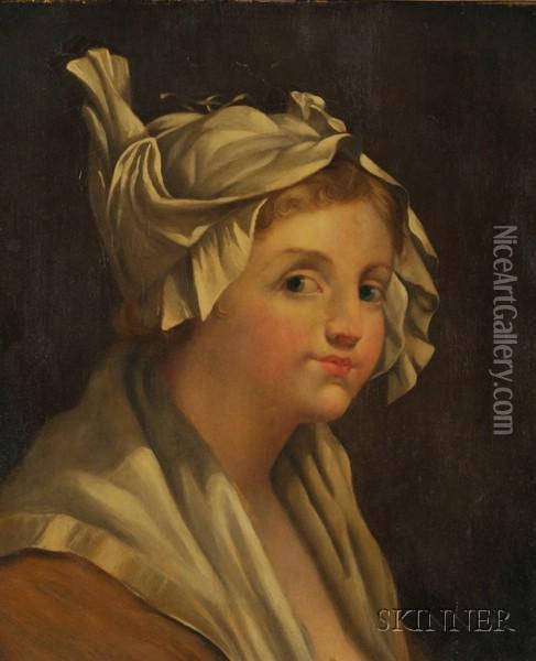 Girl With A White Cap. Oil Painting - Jean Baptiste Greuze