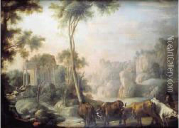 Berger Avec Son Troupeau Dans Un Paysage De Ruines. Oil Painting - Pierre-Antoine Patel